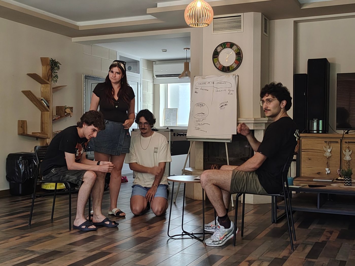 Four participants rehearse a Forum Theatre scene next to the Theatre of the Oppressed flip chart